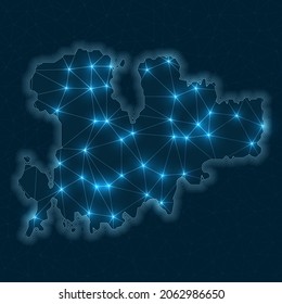 Mykonos network map. Abstract geometric map of the island. Digital connections and telecommunication design. Glowing internet network. Appealing vector illustration.