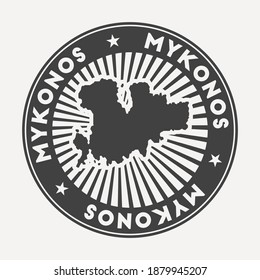 Mykonos round logo. Vintage travel badge with the circular name and map of island, vector illustration. Can be used as insignia, logotype, label, sticker or badge of Mykonos.