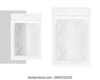 Mylar sachet bag with clear window, ziplock, hang hole and tear notch. Hyper realistic vector illustration isolated on different background. Packaging for food, small electrical items.