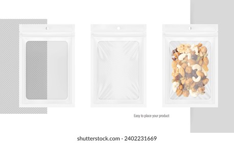 Bolsa de bolsitas de bolsitas de Mylar con ventana clara, cremallera, orificio colgante y muesca. Ilustración vectorial hiperrealista aislada en un fondo diferente. Empaquetado de alimentos, pequeños artículos eléctricos.