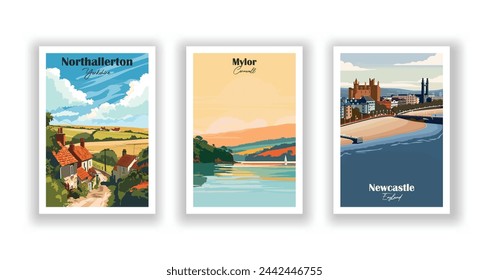 Mylor, Cornwall. Newcastle, England. Northallerton, Yorkshire - Set of 3 Vintage Travel Posters. Vector illustration. High Quality Prints svg