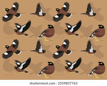 Myna Common Bird Flying Cartoon Character Seamless Wallpaper Background