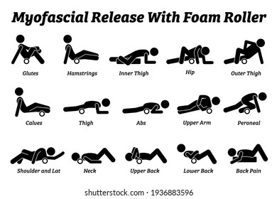 Myofascial release with foam roller physical therapy techniques for different body parts. Vector illustrations pictogram of myofascial release workout exercise by rolling the body with a foam roller.