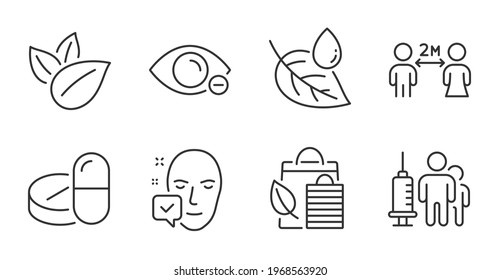 Myopia, Face aceptada e íconos de la línea de compras Bio conjunto. Distancia social, Medicamentos médicos y signos de rocío hoja. Vacunación médica, Símbolos de productos orgánicos. Visión ocular, Acceso concedido, Hoja. Vector