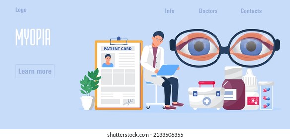 Myopia, glaucoma treatment. Ophthalmologist concept vector. Eye doctor in clinic. Check your eyesight illustration for medicine, medical web, blog. Optometrist, ophthalmology problem and disease. 