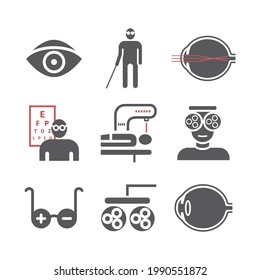 Einstellung der Myopia-Symbole. Vektorgrafik für Webseiten, Magazine, Broschüren. Anzeichen