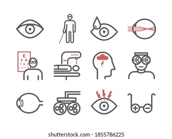 Fijación de iconos de línea de miopía. Ilustración vectorial para sitios web, revistas, folletos. Signos medicinales