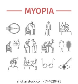 Myopia line icons set. Vector illustration for websites, magazines, brochures