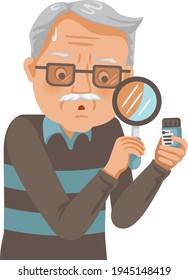 Myopia senior man. Old man are problems and vision problems by a magnifying glass reading the label on the medicine bottle. He can't read small texts. Elderly retired male eyesight problem.