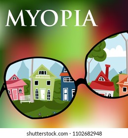 myopia. vector illustration with glasses and blurred background