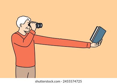 Myopic elderly man uses binoculars to read book, needs corrective surgery on eye pupils. Myopic human is looking for contacts of ophthalmologist from clinic to get advice on eyesight treatment