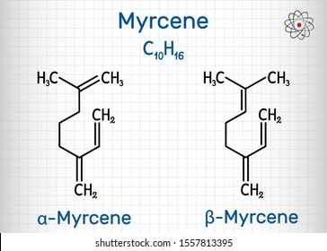 Myrcene, Beta And Alfa Myrcene Molecule, Is An Olefinic Natural Organic Hydrocarbon, Monoterpene. Structural Chemical Formula. Sheet Of Paper In A Cage.
Vector Illustration

