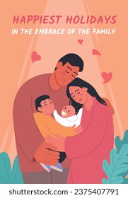 MyRealHoliday. Happy family hugging vector illustration