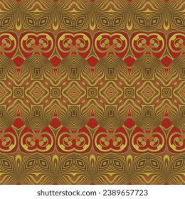 MyRealHoliday : Seamless illustrated pattern made of abstract elements in red and gold