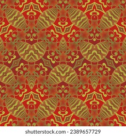 MyRealHoliday : Seamless illustrated pattern made of abstract elements in red and gold