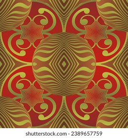 MyRealHoliday : Seamless illustrated pattern made of abstract elements in red and gold