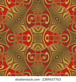 MyRealHoliday : Seamless illustrated pattern made of abstract elements in red and gold