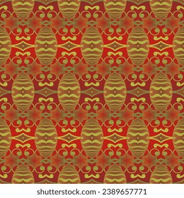 MyRealHoliday : Seamless illustrated pattern made of abstract elements in red and gold