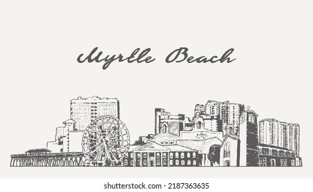 Myrtle Beach Skyline, South Carolina, USA, handgezeichnete Vektorgrafik, Skizze