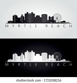 Myrtle Beach, South Carolina skyline and landmarks silhouette, black and white design, vector illustration.  