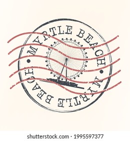 Myrtle Beach, South Carolina, USA  Stamp Postal. Silhouette Seal. Flag Passport Round Design. Vector Icon. Design Retro Travel. National Symbol.