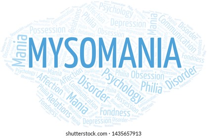 Mysomania word cloud. Type of mania, made with text only.