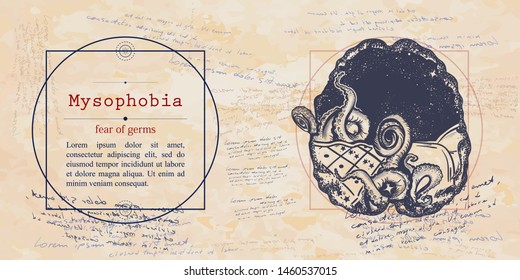 Mysophobia. Fear Of Germs Phobia. Sticky And Dirty Bacteria, Microbes. Psychological Vector Illustration. Psychotherapy And Psychiatry. Medieval Medicine Manuscript 