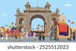 Mysore dasara, Balarama is lead elephant of Dasara procession and carried the idol of goddess Chamundeshwari, Musician Performing and People watching Procession, Entrance Gate to Mysore Palace