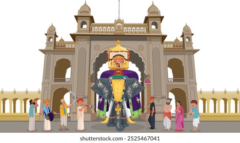 Mysore dasara, Balarama is lead elephant of Dasara procession and carried the idol of goddess Chamundeshwari, Musician Performing and People watching Procession, Entrance Gate to Mysore Palace