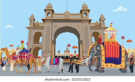 Mysore dasara, Balarama is lead elephant of Dasara procession and carried the idol of goddess Chamundeshwari, Musician Performing and People watching Procession, Entrance Gate to Mysore Palace