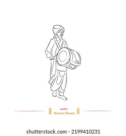 Mysore Dasara Dhol Playing Line Drawing Illustration