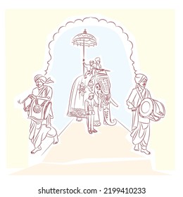 mysore dasara dhol playing line drawing illustration