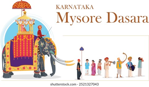 Mysore dasara Elefant, Balarama war der führende Elefant der Mysore Dasara Prozession und trug das Idol der Göttin Chamundeshwari, Musiker, die in der Dasara Prozession und Menschen beobachten