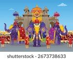 Mysore Dasara Elephant in Front of Palace, Balarama is lead elephant of Dasara procession and carried the idol of goddess Chamundeshwari, Text on the elephant head is Balarama written in Kannada.