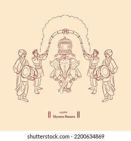 mysore dasara indian festival traditional elephant line drawing vector illustration