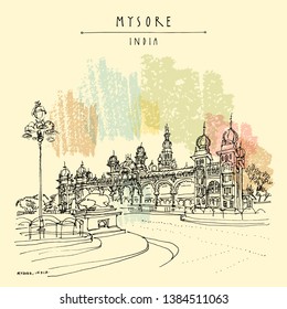 Mysore (Mysuru), Karnataka, India. Mysore palace. Travel sketch. Vintage hand drawn postcard template. Vector