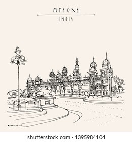 Mysore (Mysuru), Karnataka, India. Mysore palace. Travel sketch. Vintage hand drawn postcard template. Vector