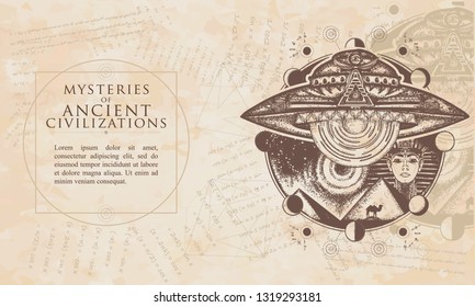 Mysteries of ancient civilization. UFO and ancient Egypt. Paleocontact concept. Renaissance background. Medieval engraving manuscript. Vintage paper with drawings, vector 