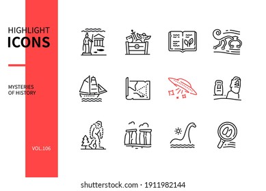 Mysteries Of History - Line Design Style Icons Set. Atlantis, Treasure, Manuscript, Geoglyph, Brigantine, Bermuda Triangle, Flying Saucer, Moai, Bigfoot, Stonehenge, Loch Ness Monster, Footprints