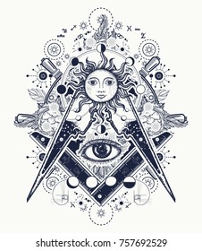 Mysteries Of Knowledge Of Mankind. Masonic Symbol Tattoo And T-shirt Design. All Seeing Eye. Alchemy, Medieval Religion, Occultism, Spirituality And Esoteric 