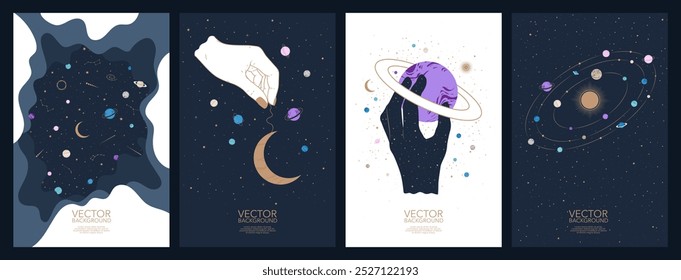 Mistérios conjunto de espaço esotérico cartas mágicas e cartazes. Astrologia, ocultismo e conceito de alquimia em estilo boho. Desenho desenhado à mão para banner web, layout, capa, livreto, folheto, modelo de mídia social