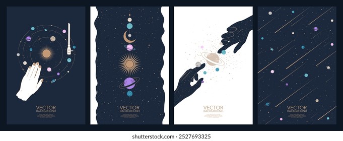 Mistérios conjunto de espaço esotérico cartas mágicas e cartazes. Astrologia, ocultismo e conceito de alquimia em estilo boho. Desenho desenhado à mão para banner web, layout, capa, livreto, folheto, modelo de mídia social