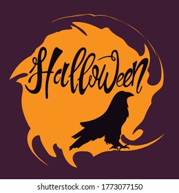 Mysterios-Halloween-Logo mit Krähe. Handgezeichnete Vektorgrafik. Tintenskizze im Retro-Stil.