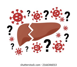 Mysterious Acute Hepatitis of Unknown Cause concept. Vector illustration of damaged liver with bacteria icons and question marks isolated on white background. Liver disease, viral hepatitis outbreak