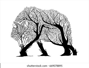 Mysterious aggressive Wolf walking slowly and hunt silhouette double exposure blend tree drawing tattoo vector