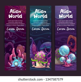 Mysterious alien planet nature. Fantasy another world illustration. Three vertical banner template. Vector graphic.