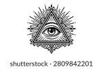 Mysterious all-seeing eye within a triangle, radiating light. Symbol of knowledge, spirituality, and mystery.