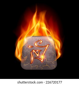 Mysterious ancient stone with magic rune in orange flame
