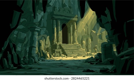Mysterious Ancient Temple Entrance Inside Dark Cave