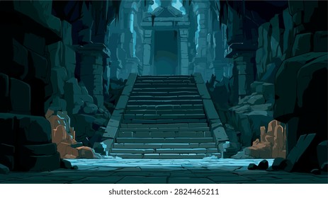 Mysterious Ancient Temple Ruins with Blue and Orange Glow